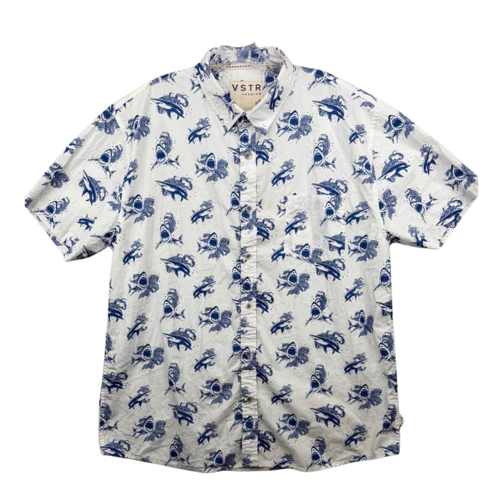 Premium Mens XXL Shark Print Short Sleeve Button Down Shirt White Blue NWT